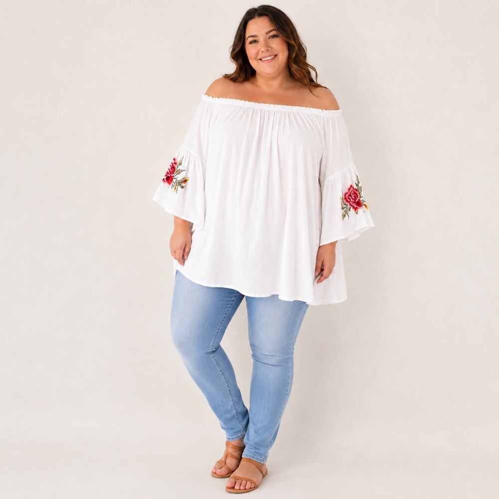 Feathers 2X White Off Shoulder Embroidered Bell Sleeve Tunic Top Mini Dress